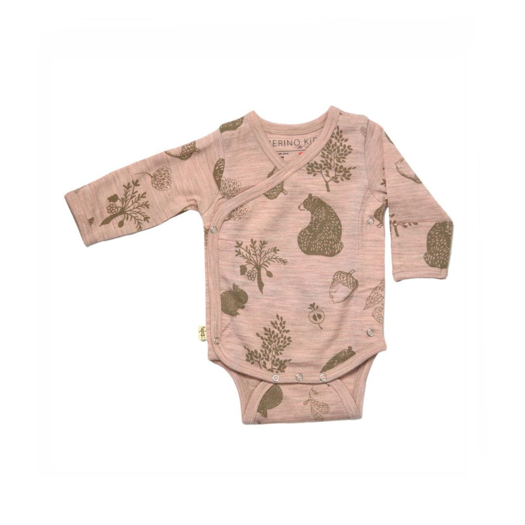 Merino Kids Cocooi Long Sleeve Kimono Bodysuit - Bear Print - Misty Rose-Bodysuits-Misty Rose-NB | Merino Kids UK