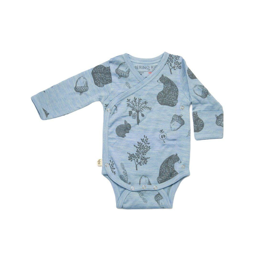 Merino Kids Cocooi Long Sleeve Kimono Bodysuit - Bear Print - Sky Blue