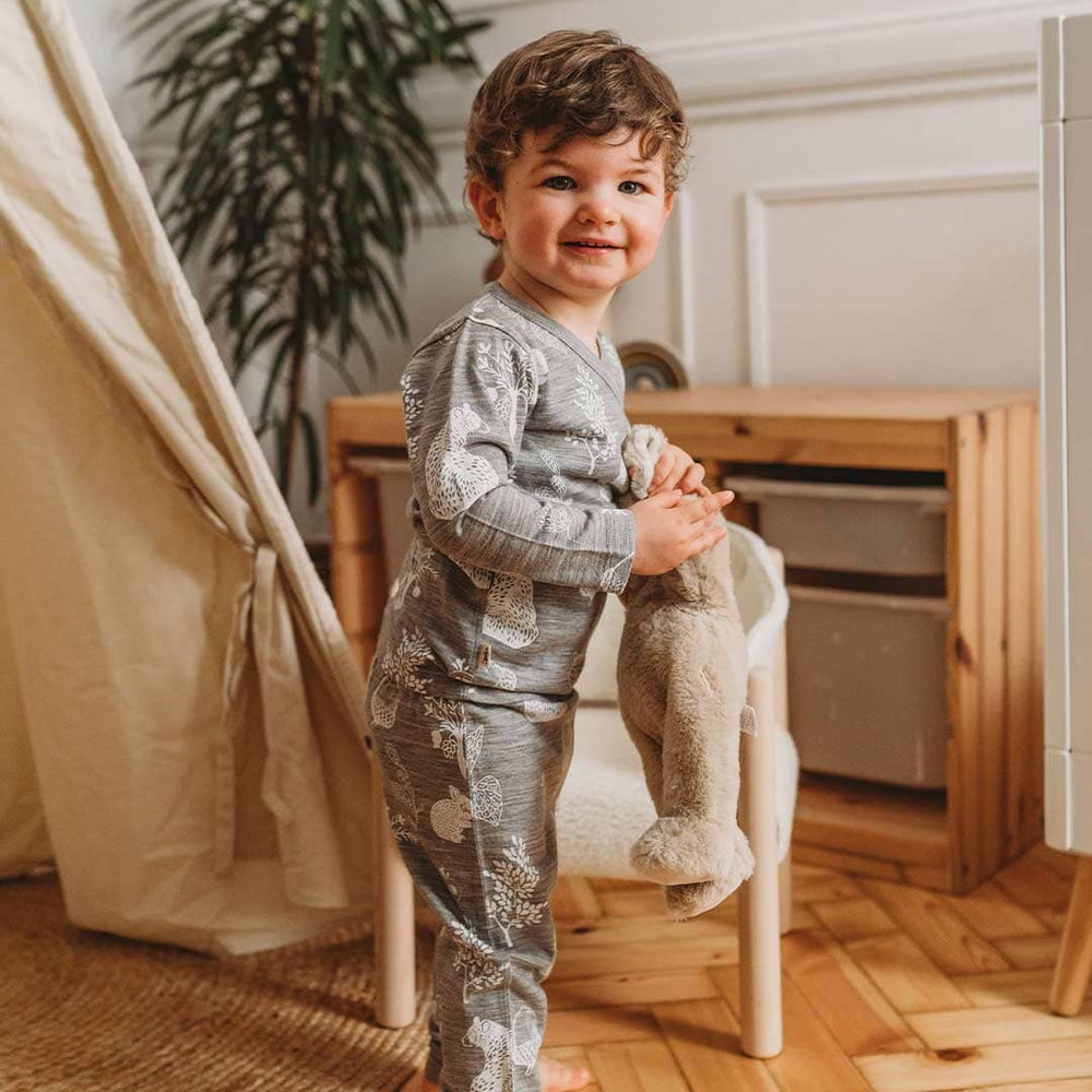 Merino Kids Essential Pyjamas - Bear Print - Light Grey
