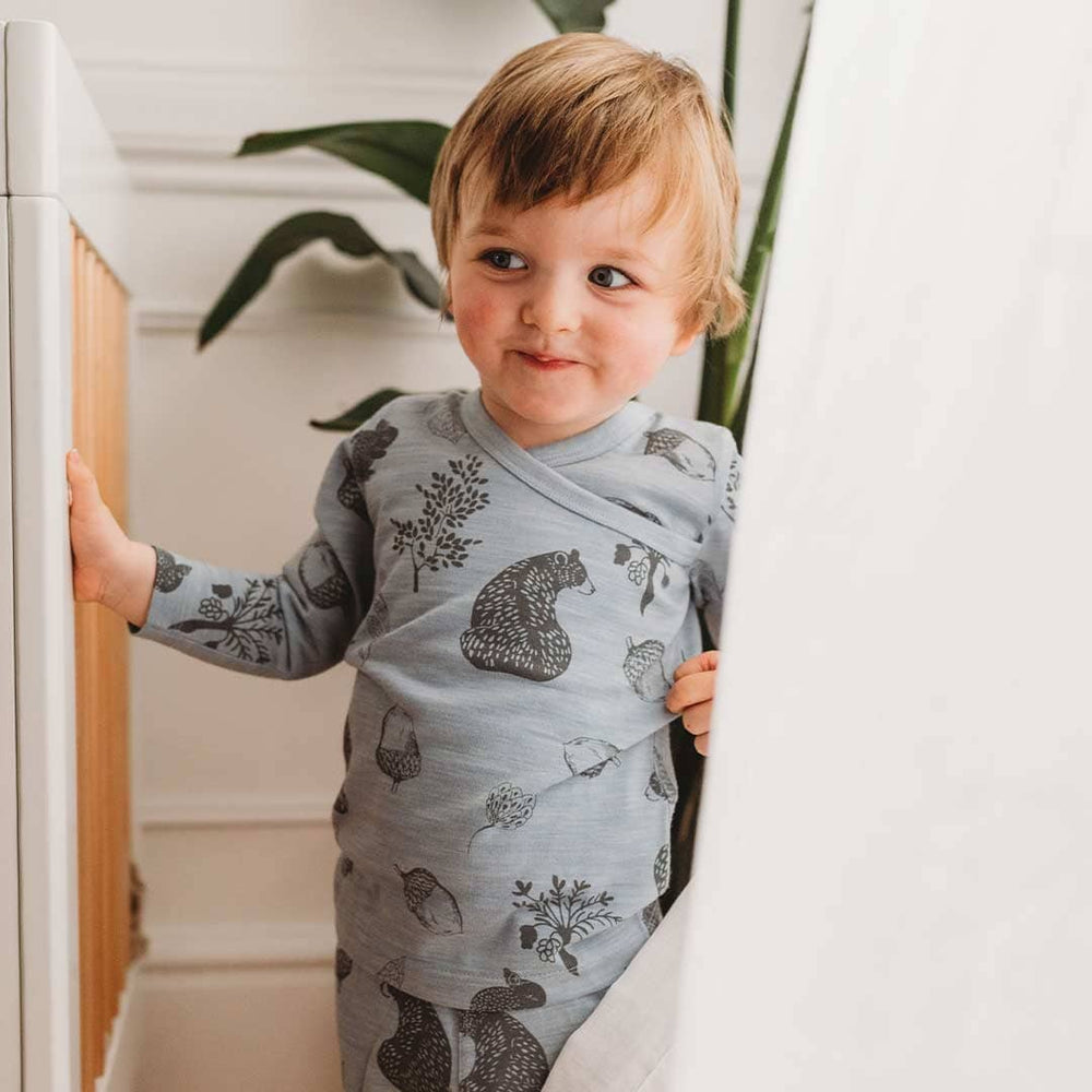 Merino Kids Essential Pyjamas - Bear Print - Sky Blue