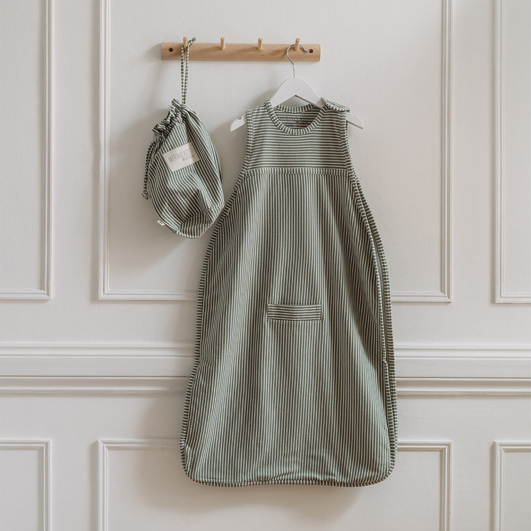 Merino Kids Go Go Sleeping Bag - All Seasons - Olive Stripe-Sleeping Bags-9421023615896-Merino Kids UK