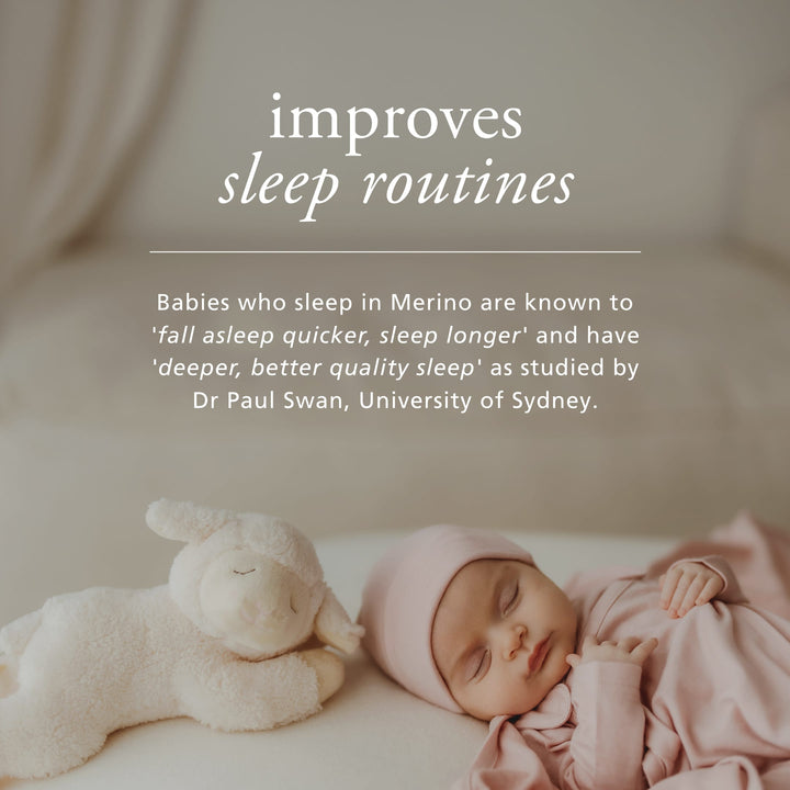 A sleeping newborn baby in a pink outfit and bonnet lies next to a white plush toy on a soft cream surface, with overlaid text about improving sleep routines and a quote from Dr Paul Swan, University of Sydney.