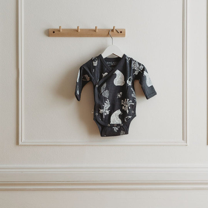 Merino Kids Cocooi Long Sleeve Kimono Bodysuit - Bear Print - Dark Slate-Bodysuits-Dark Slate-NB | Merino Kids UK