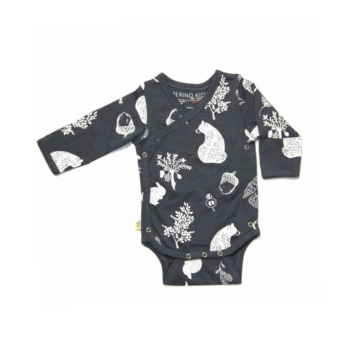 Merino Kids Cocooi Long Sleeve Kimono Bodysuit - Bear Print - Dark Slate-Bodysuits-Dark Slate-NB | Merino Kids UK